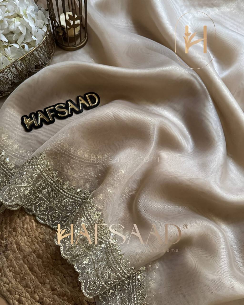 Luxurious Ivory Organza Dupatta with Heavy Golden Sequin & Zari Cutwork Border โ Perfect for Weddings & Festive Layering - Image 7