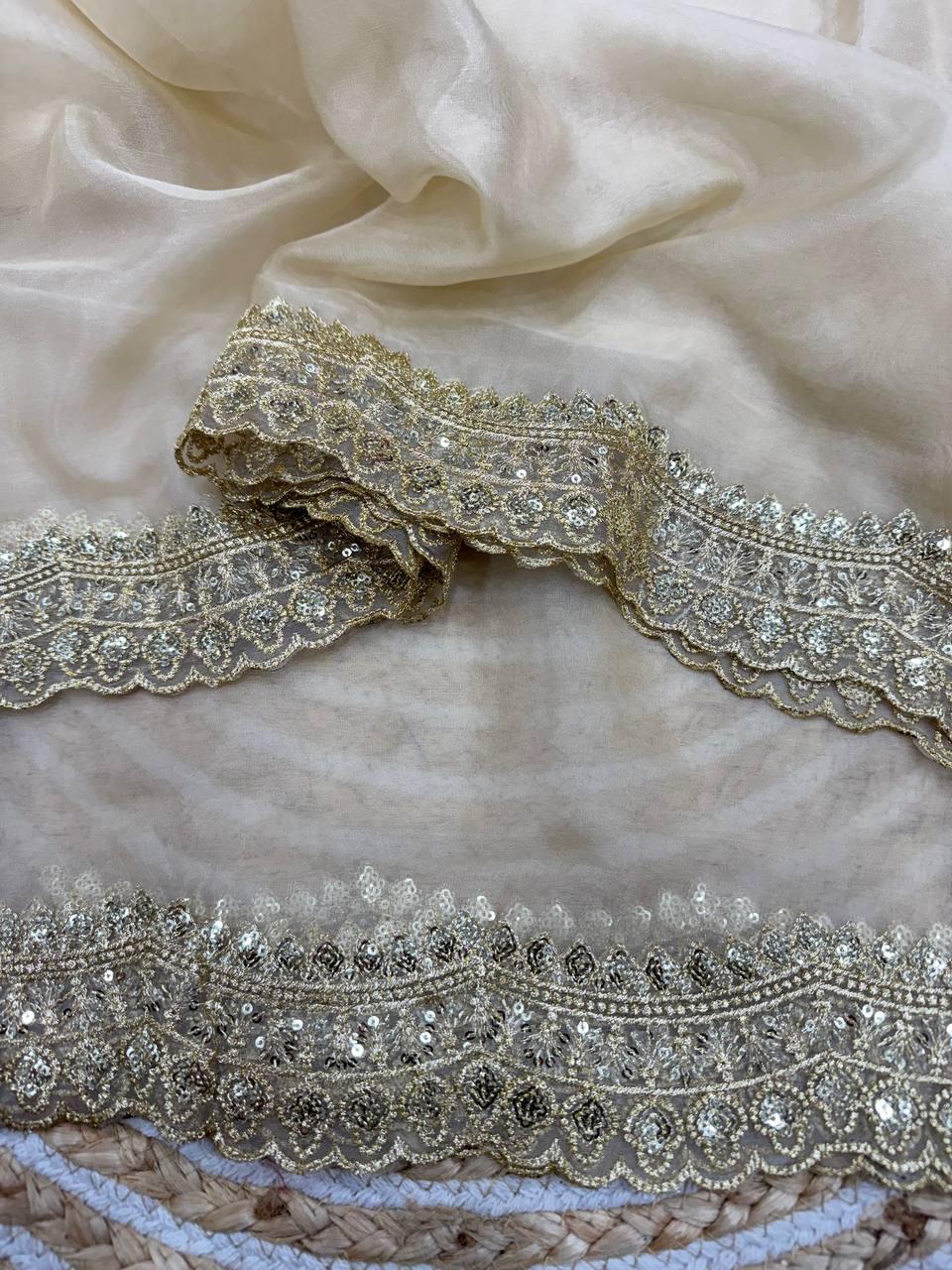 Luxurious Ivory Organza Dupatta with Heavy Golden Sequin & Zari Cutwork Border โ Perfect for Weddings & Festive Layering - Image 2